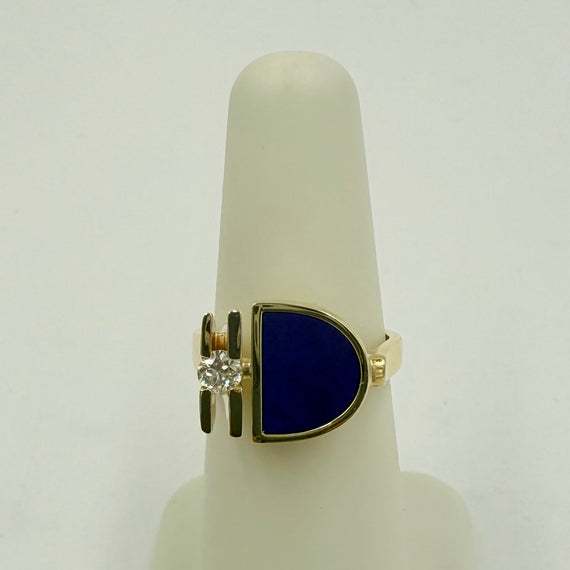 1970s Lapis Diamond Hand Crafted 14k Yellow Gold Ring - Jacob's Diamond and Estate Jewelry