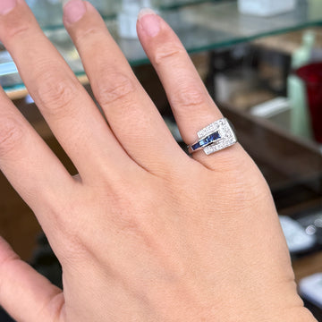 1950's Sapphire and Transitional Diamond Buckle Ring 14k White Gold - Jacob's Diamond and Estate Jewelry