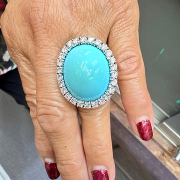 1950s Turquoise Diamond 18k White Gold Cocktail Ring - Jacob's Diamond and Estate Jewelry
