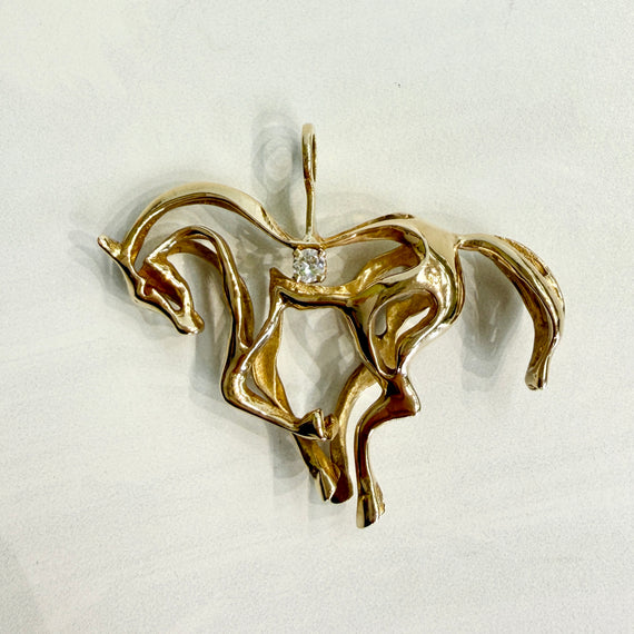 1970's 3D Diamond Horse Pendant 14k Yellow Gold