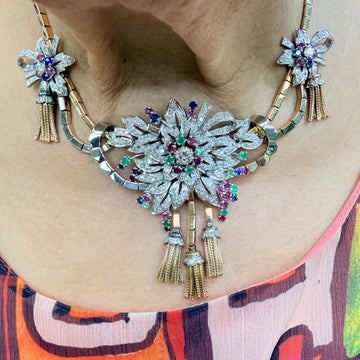 1940s French Retro Diamond Emerald Ruby Sapphire 18k Platinum Necklace - Jacob's Diamond and Estate Jewelry