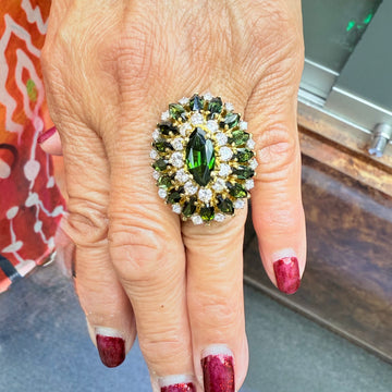 Cindy Royce Green Tourmaline Diamond 18k Yellow Gold Cocktail Ring Circa 1980s - Jacob's Diamond and Estate Jewelry