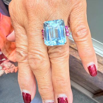 1940s Retro Aquamarine And Ruby 14k Gold Solitaire Ring - Jacob's Diamond and Estate Jewelry