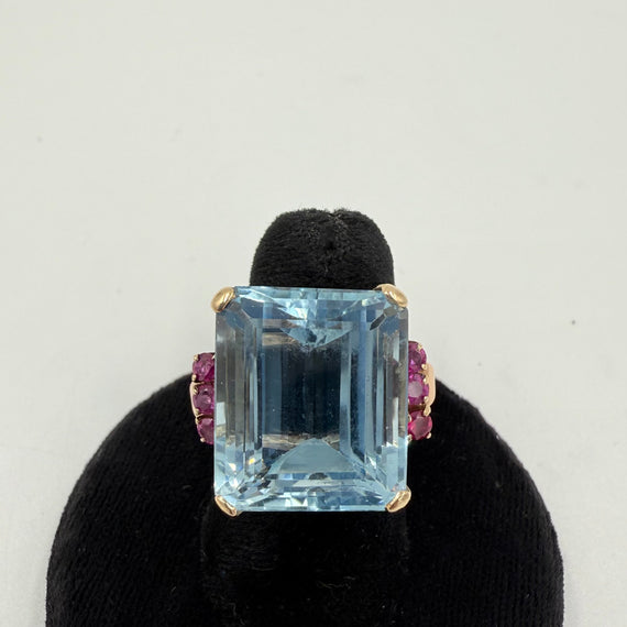 1940s Retro Aquamarine And Ruby 14k Gold Solitaire Ring - Jacob's Diamond and Estate Jewelry