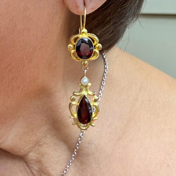 Vintage Garnet Pearl Drop Earrings 14k Yellow Gold - Jacob's Diamond and Estate Jewelry