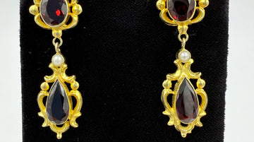 Vintage Garnet Pearl Drop Earrings 14k Yellow Gold