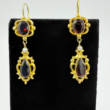 Vintage Garnet Pearl Drop Earrings 14k Yellow Gold - Jacob's Diamond and Estate Jewelry