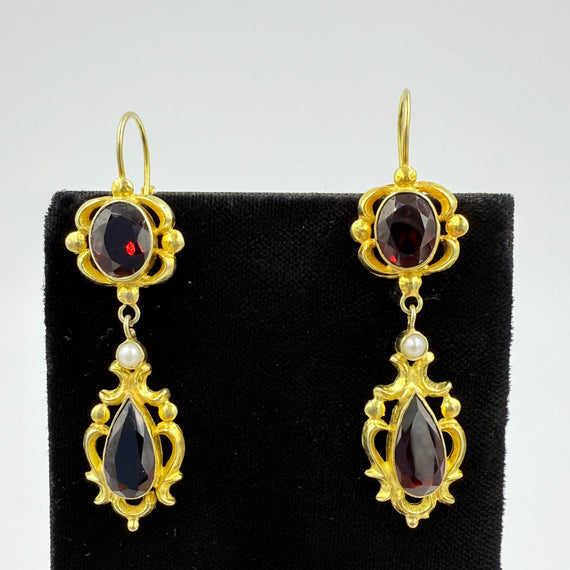 Vintage Garnet Pearl Drop Earrings 14k Yellow Gold - Jacob's Diamond and Estate Jewelry