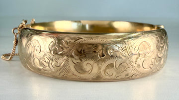 Vintage 1967 Birmingham Wide Engraved Bangle Bracelet 9k Yellow Gold