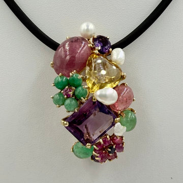 1950s Multi Gem 14k Yellow Gold Brooch Pendant - Jacob's Diamond and Estate Jewelry