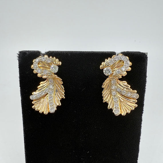 14k Yellow Gold Diamond Vintage Organic Style Drop Earring Circa 1960s