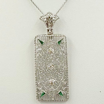 1930s Art Deco Filigree Diamond 14k White Gold Pendant Necklace