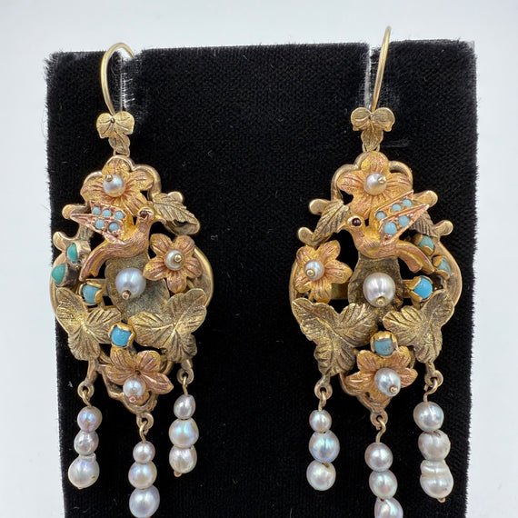 1880s Victorian Tri Color Gold Dangling Earrings - Jacob's Diamond and Estate Jewelry
