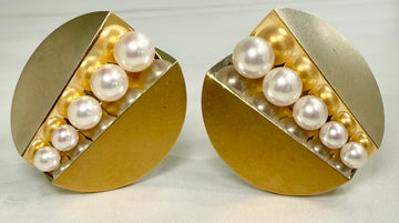 Vintage Designer Pearl Two Tone Statement Clip On Earrings 18k