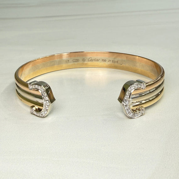 Cartier Double Diamond C Tri-Color Gold Cuff Bracelet 18k Gold