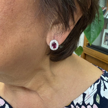 Ruby Diamond Halo White Gold Stud Earrings