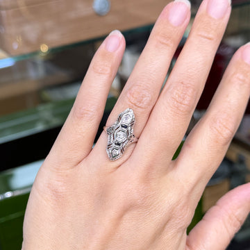 1930's Art Deco Old Cut Diamond and Sapphire Shield Dinner Ring 18k - Jacob's Diamond and Estate Jewelry