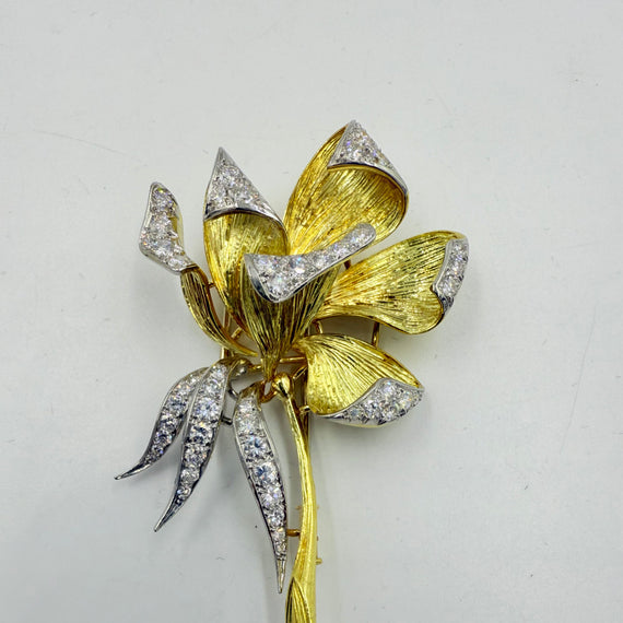 Olga Tritt 1950s Diamond Floral Yellow Gold Platinum Brooch