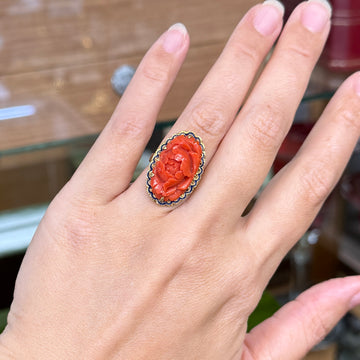 Vintage 1960's Carved Coral and Enamel Ring 14k Yellow Gold - Jacob's Diamond and Estate Jewelry