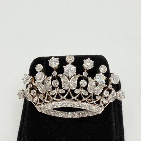 Edwardian Diamond Crown Brooch Platinum Topped 18k Gold Circa 1910