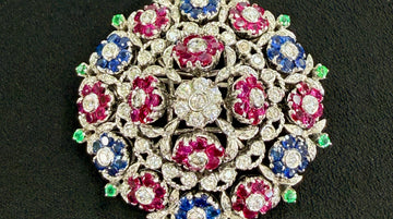 1950's En Tremblant Ruby Sapphire Emerald Diamond Brooch 18/14k