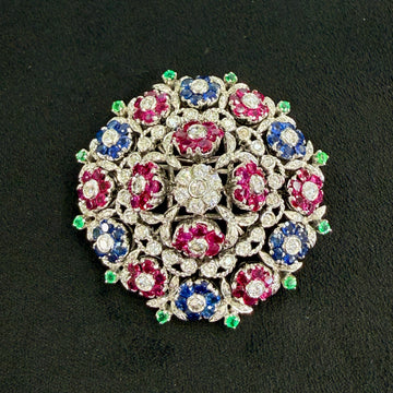 1950's En Tremblant Ruby Sapphire Emerald Diamond Brooch 18/14k - Jacob's Diamond and Estate Jewelry