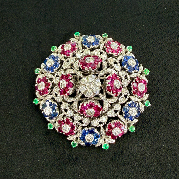 1950's En Tremblant Ruby Sapphire Emerald Diamond Brooch 18/14k