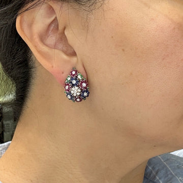 1950's Emerald Ruby Sapphire and Diamond Flower Clip On Earrings 18k White Gold - Jacob's Diamond and Estate Jewelry