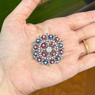 1950's En Tremblant Ruby Sapphire Emerald Diamond Brooch 18/14k - Jacob's Diamond and Estate Jewelry
