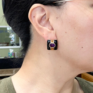 Vintage Onyx Amethyst and Citrine Earrings 14k Yellow Gold - Jacob's Diamond and Estate Jewelry