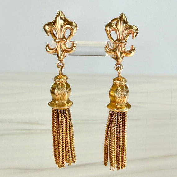 1950's Vintage Fleur-De-Lis Fringe Tassel Clip on Earrings 14k