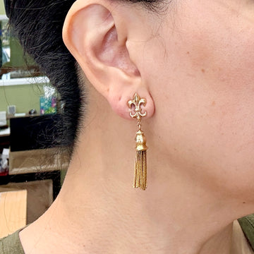 1950's Vintage Fleur-De-Lis Fringe Tassel Clip on Earrings 14k - Jacob's Diamond and Estate Jewelry