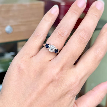 Vintage GIA Diamond and Sapphire 3 Stone Ring Platinum - Jacob's Diamond and Estate Jewelry