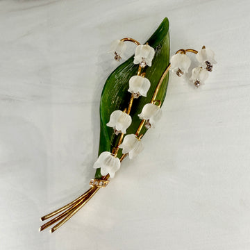1960's Jul. Hugler Lily of the Valley Jade & Rock Crystal Diamond Brooch 18k