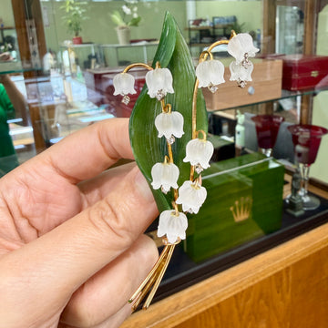 1960's Jul. Hugler Lily of the Valley Jade & Rock Crystal Diamond Brooch 18k