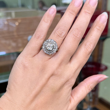 Vintage Old Mine Cut Diamond Double Halo Engagement Ring 4 Carats TW, 18k/Silver