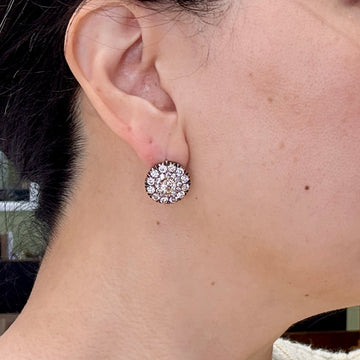 Vintage Old Mine Diamond Cluster-Button Earrings 18k Yellow Gold
