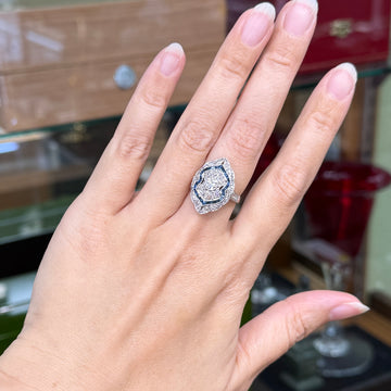 Vintage Sapphire and Old Cut Diamond Shield Ring Platinum - Jacob's Diamond and Estate Jewelry