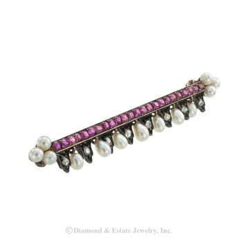 French Victorian ruby, pearl, and rose-cut diamond gold and silver bar brooch circa 1890. Jacob's Diamond & Estate Jewelry.