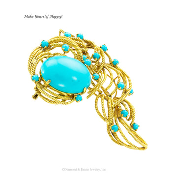 Turquoise and gold handcrafted brooch pendant circa 1970. Jacob's Diamond & Estate Jewelry.