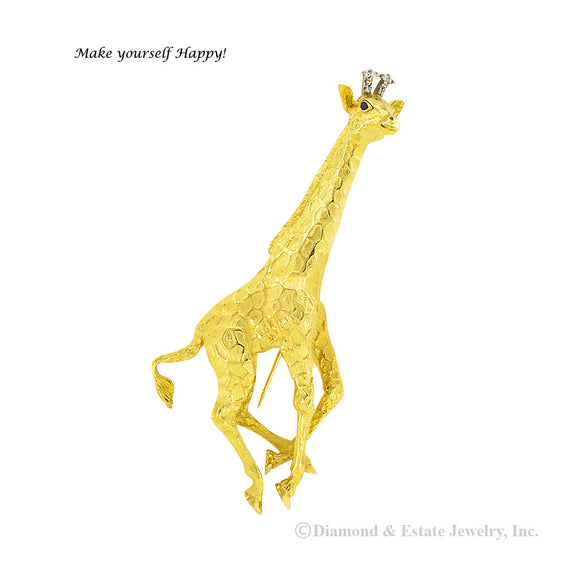 Tiffany & Co diamond and sapphire giraffe figural gold brooch circa 1990. Jacob's Diamond & Estate Jewelry.