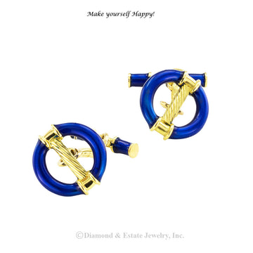 Round royal blue enamel and yellow gold cufflinks circa 1970. Jacob's Diamond & Estate Jewelry.
