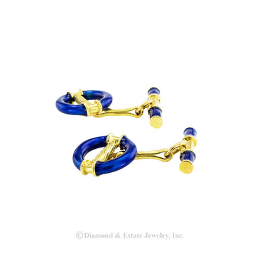Round royal blue enamel and yellow gold cufflinks circa 1970. Jacob's Diamond & Estate Jewelry.
