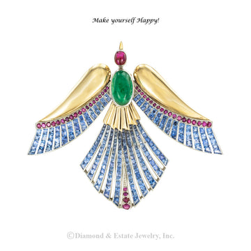 Retro emerald ruby and sapphire platinum and gold Phoenix bird clip brooch circa 1935.  Jacob's Diamond & Estate Jewelry