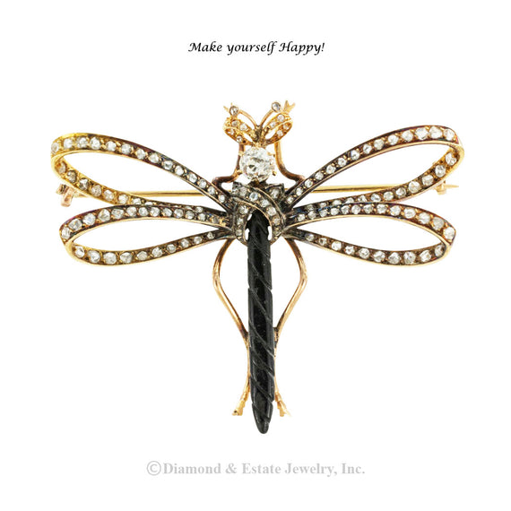 Victorian French made diamond and gold dragonfly brooch circa 1890.  Jacob's Diamond & Estate Jewelry.