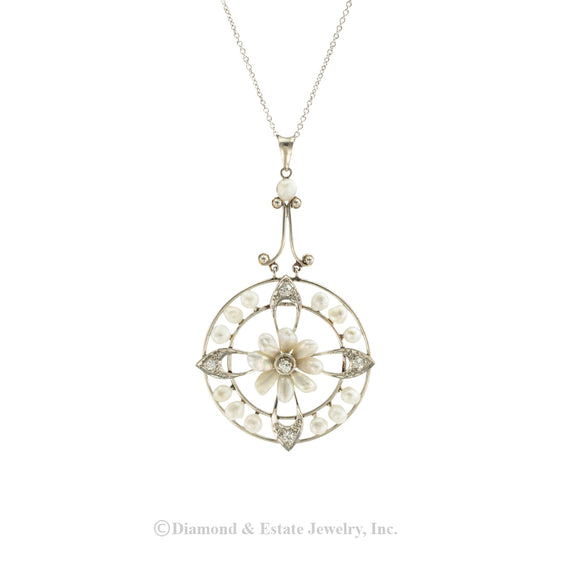 Edwardian river pearl diamond and platinum pendant necklace circa 1910. Jacob's Diamond & Estate Jewelry.