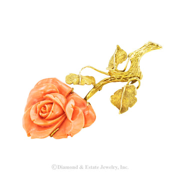 Carved coral and gold rose brooch circa 1960. Jacob's Diamond & Estate Jewelry.