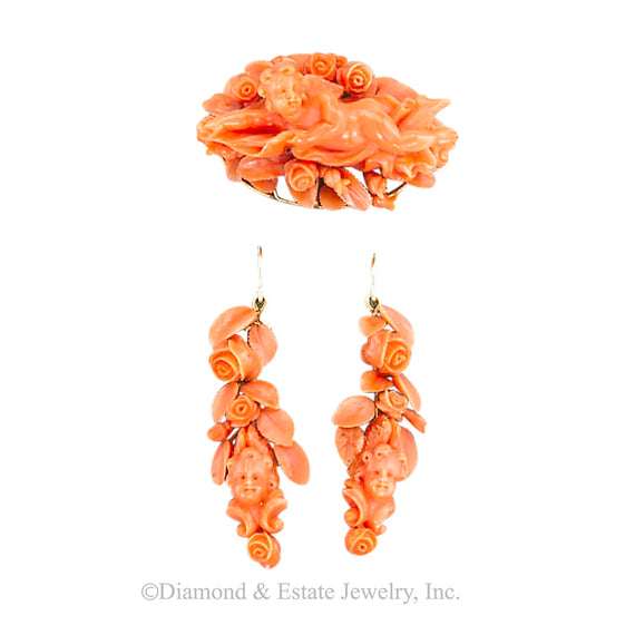 Victorian Carved Coral Brooch Drop Earrings Set - Jacob's Diamond and Estate Jewelry