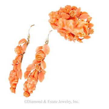 Victorian Carved Coral Brooch Drop Earrings Set - Jacob's Diamond and Estate Jewelry