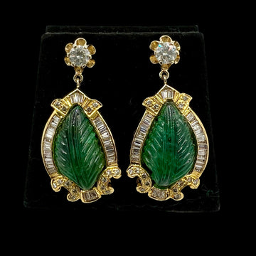 Vintage Carved Emerald Diamond Gold Earrings - Jacob's Diamond and Estate Jewelry